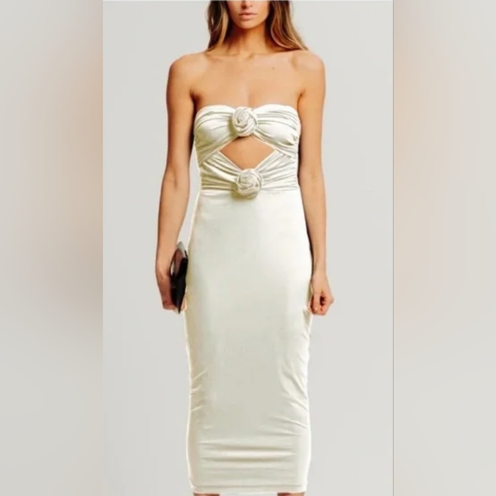 New Torn by Ronny Kobo Selena Strapless Cutout Rosette Bodycon Ivory Midi Dress - Picture 2 of 3